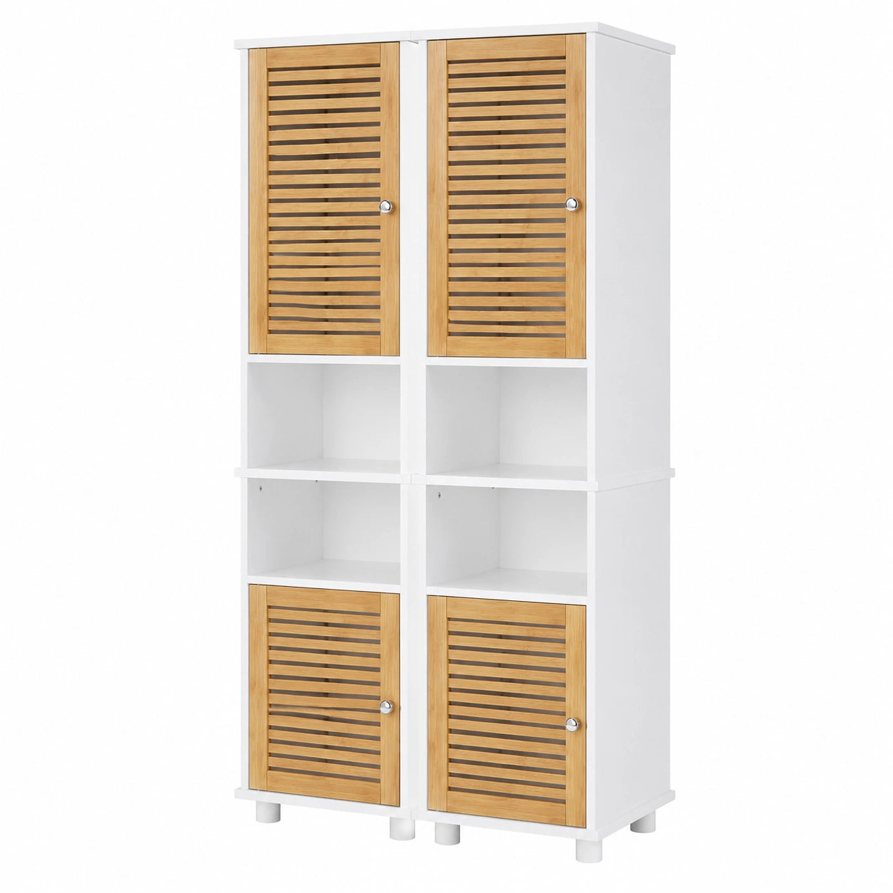 Schmaler Badhochschrank mit verstellbaren Einlegeböden und Bambustüren, 32x30x190 cm, vielseitig für Bad, Küche und Wohnzimmer, 2er Set