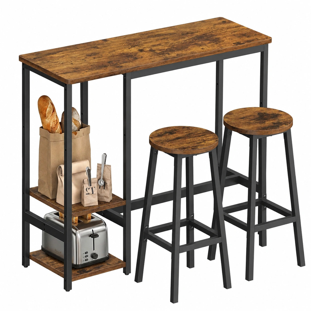 Bartisch-Set mit Barhockern und Regal, VASAGLE Essgruppe für Wohnzimmer oder Küche, Metallrahmen, einfacher Aufbau, Vintagebraun-Schwarz