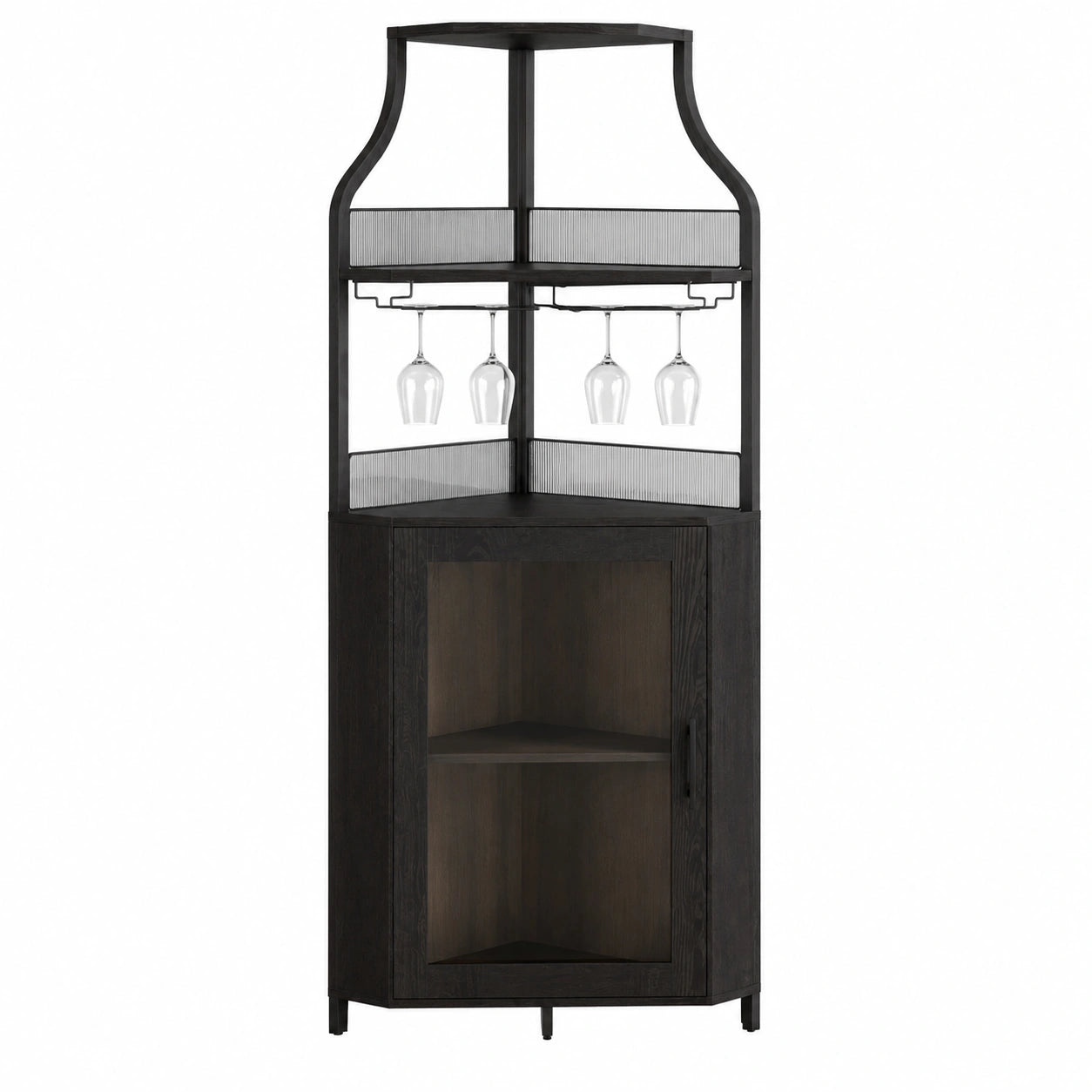 Litake Eckschrank mit Weinregal, 5-stufig, im Landhausstil, abschließbare Tür, verstellbare Regale und Füße, für Esszimmer, Wohnzimmer, Küche, Schwarz
