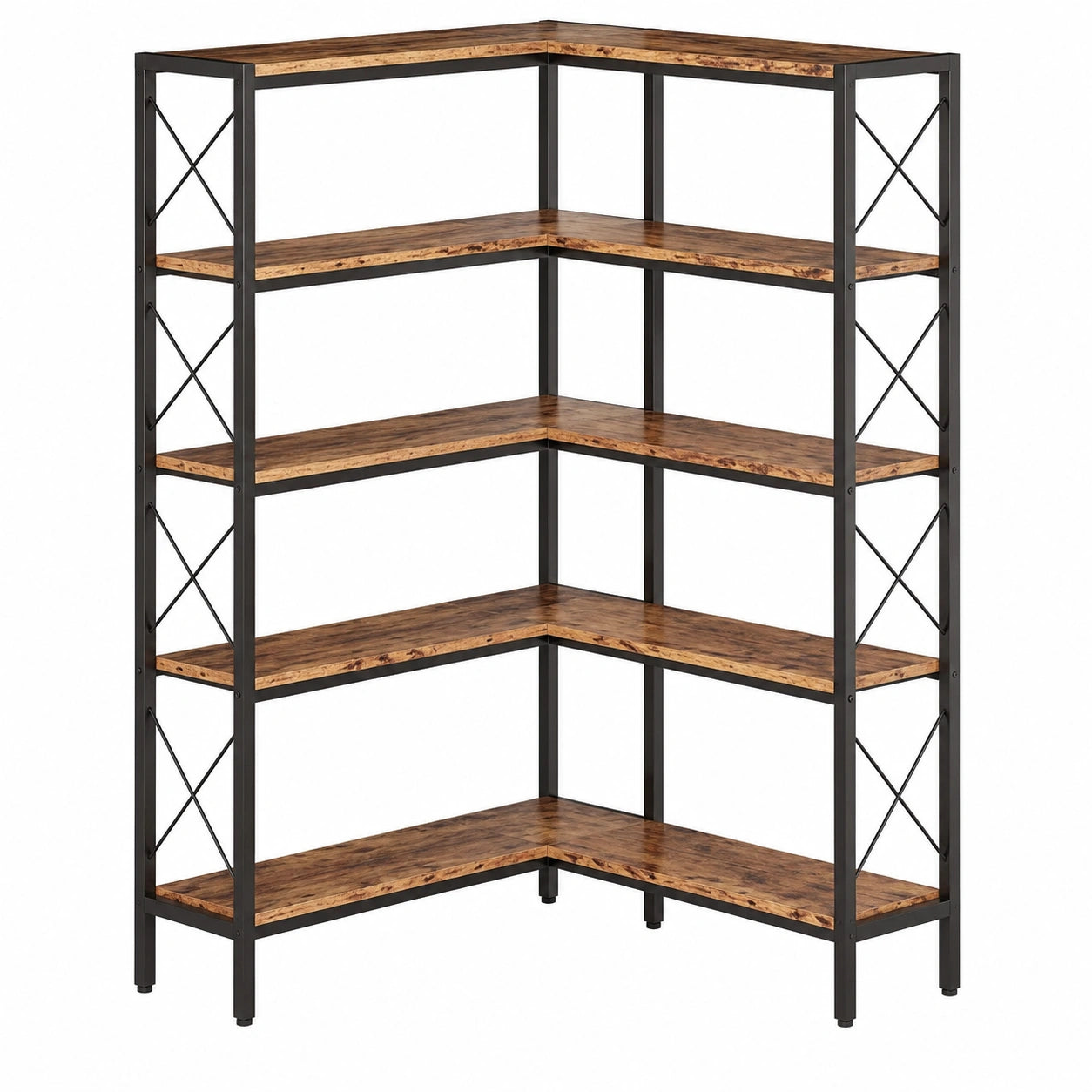 Eck-Bücherregal in L-Form, 6 Ebenen, rustikales Design, 80x80x167 cm, verstellbare Füße, ideal für Wohnzimmer und Büro