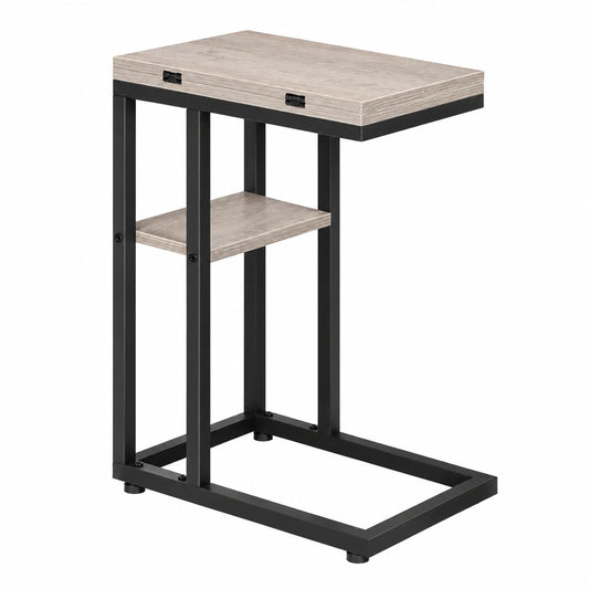 Multifunktionaler C-Beistelltisch mit Klappfunktion, Schmaler Sofatisch mit Ablage, Industrie-Design in Greige und Schwarz