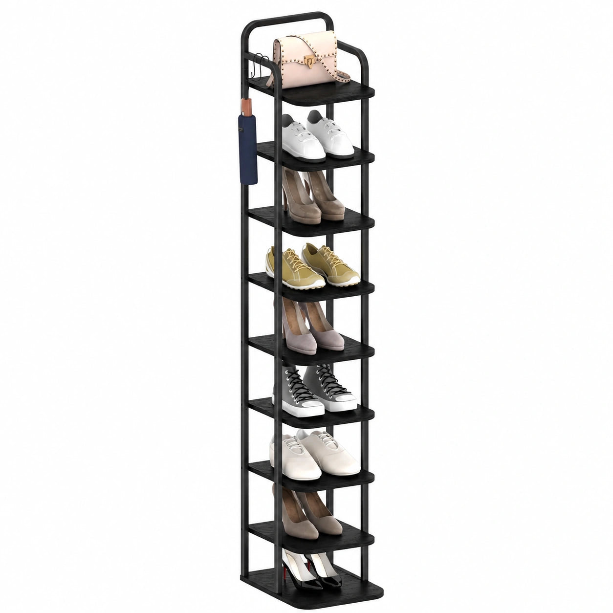 Platzsparendes Vertikales Schuhregal, 10 Ebenen, Anpassbar für Kleine Räume, Freistehend, Schwarz