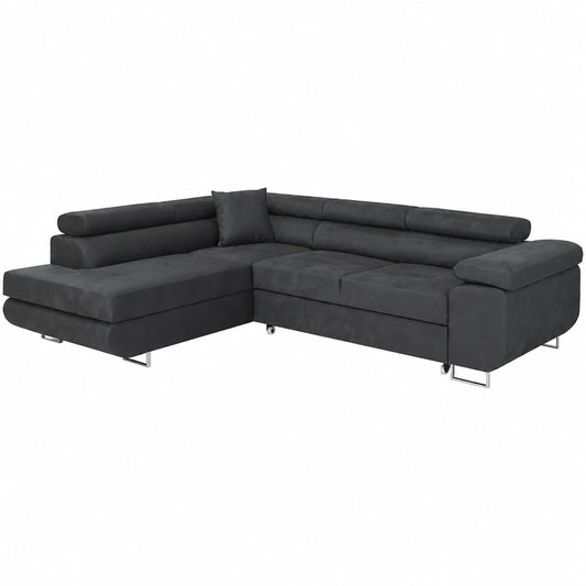 Ecksofa mit Bettkasten und Schlaffunktion, Dunkelgrau, L-Form mit linker Ottomane