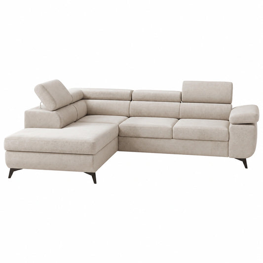 GRAINGOLD Moderne L-förmige Eckcouch mit Schlaffunktion, 255x190 cm, Samtstoff, 4-Sitzer, mit Bettkasten, Beige, Links