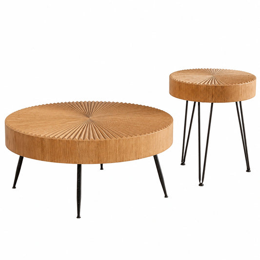 Runder Couchtisch im Set mit Holz und Metallbeinen, Elegantes Design
