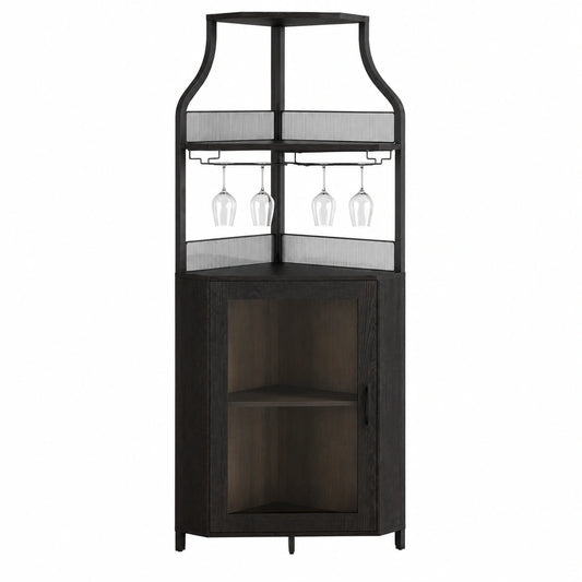 Litake Eckschrank mit Weinregal, 5-stufig, im Landhausstil, abschließbare Tür, verstellbare Regale und Füße, für Esszimmer, Wohnzimmer, Küche, Schwarz