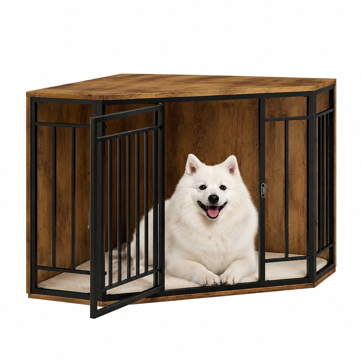Eck-Hundebox aus Holz mit Kissen und abschließbarer Tür, für große, mittelgroße und kleine Hunde geeignet, 111x67x60 cm