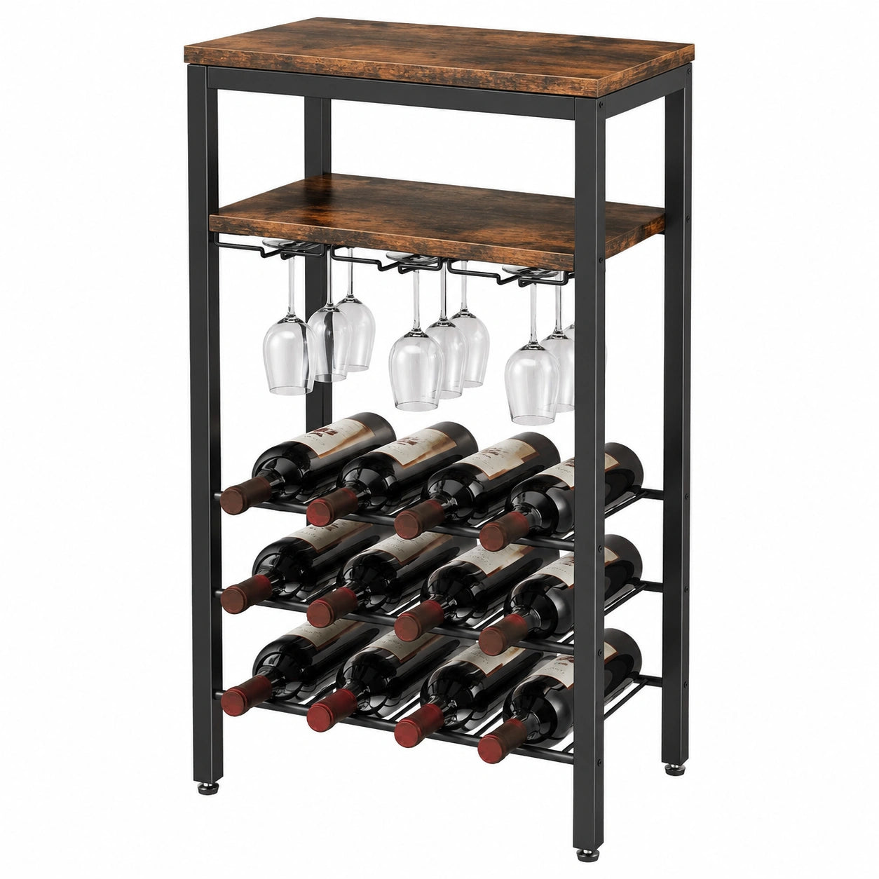 Metall-Weinregal für 16 Flaschen mit Glashalter - Freistehende Mini-Bar für Wohnzimmer und Küche, Braun
