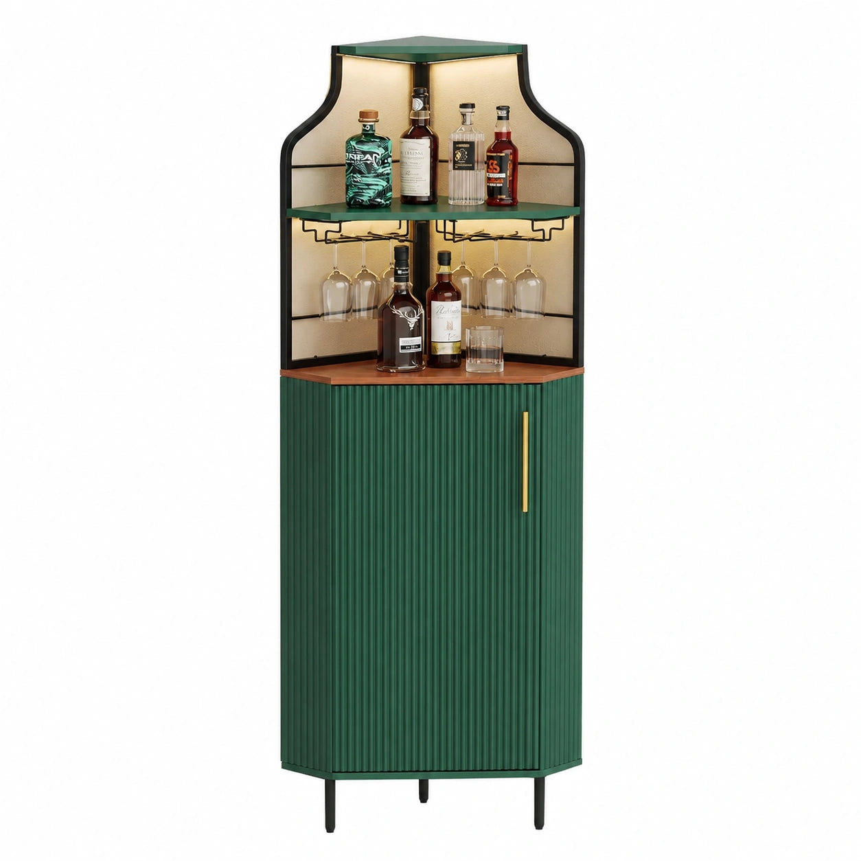 HOLTICO Eck-Weinschrank mit Glashalter und Verstellbarem Regal für Küche und Wohnzimmer, Minibar in Grün