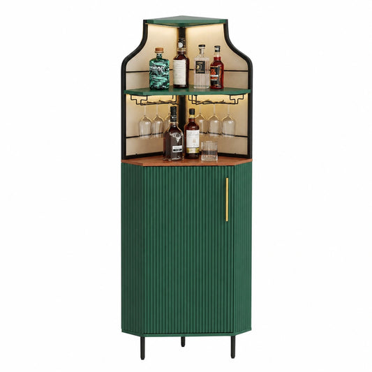HOLTICO Eck-Weinschrank mit Glashalter und Verstellbarem Regal für Küche und Wohnzimmer, Minibar in Grün