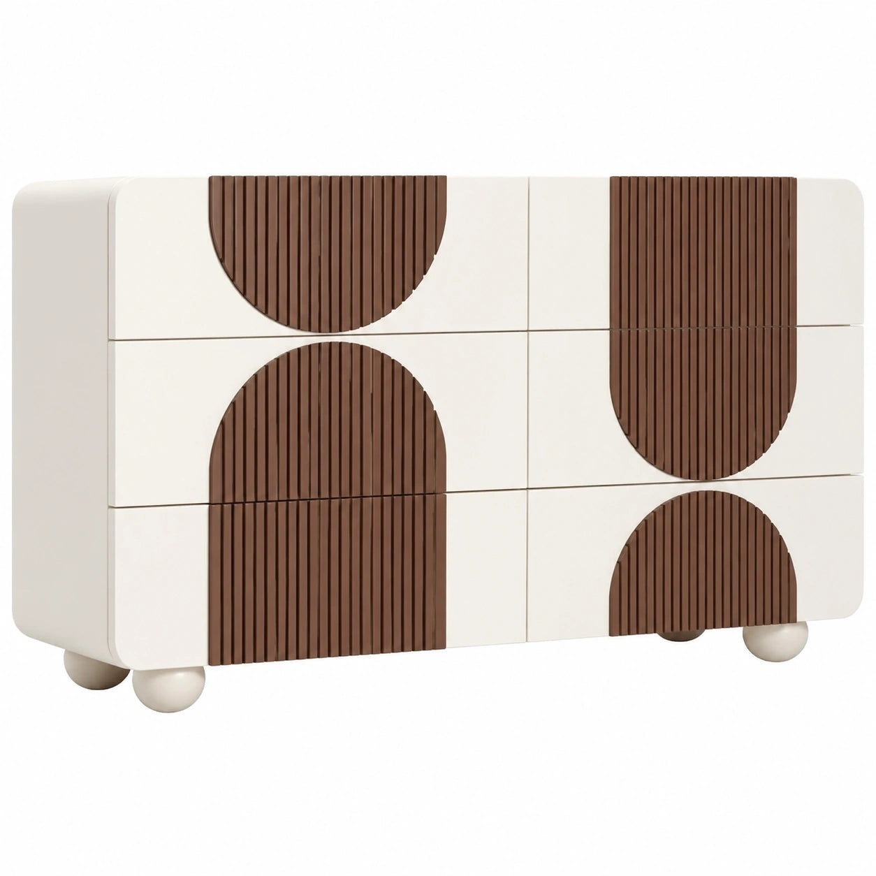 Moderne Sideboard-Kommode mit 6 Schubladen, geschwungenem Design, 121x41x71cm, in Weiß und Schokoladenbraun für Wohnzimmer, Schlafzimmer, Büro, Flur