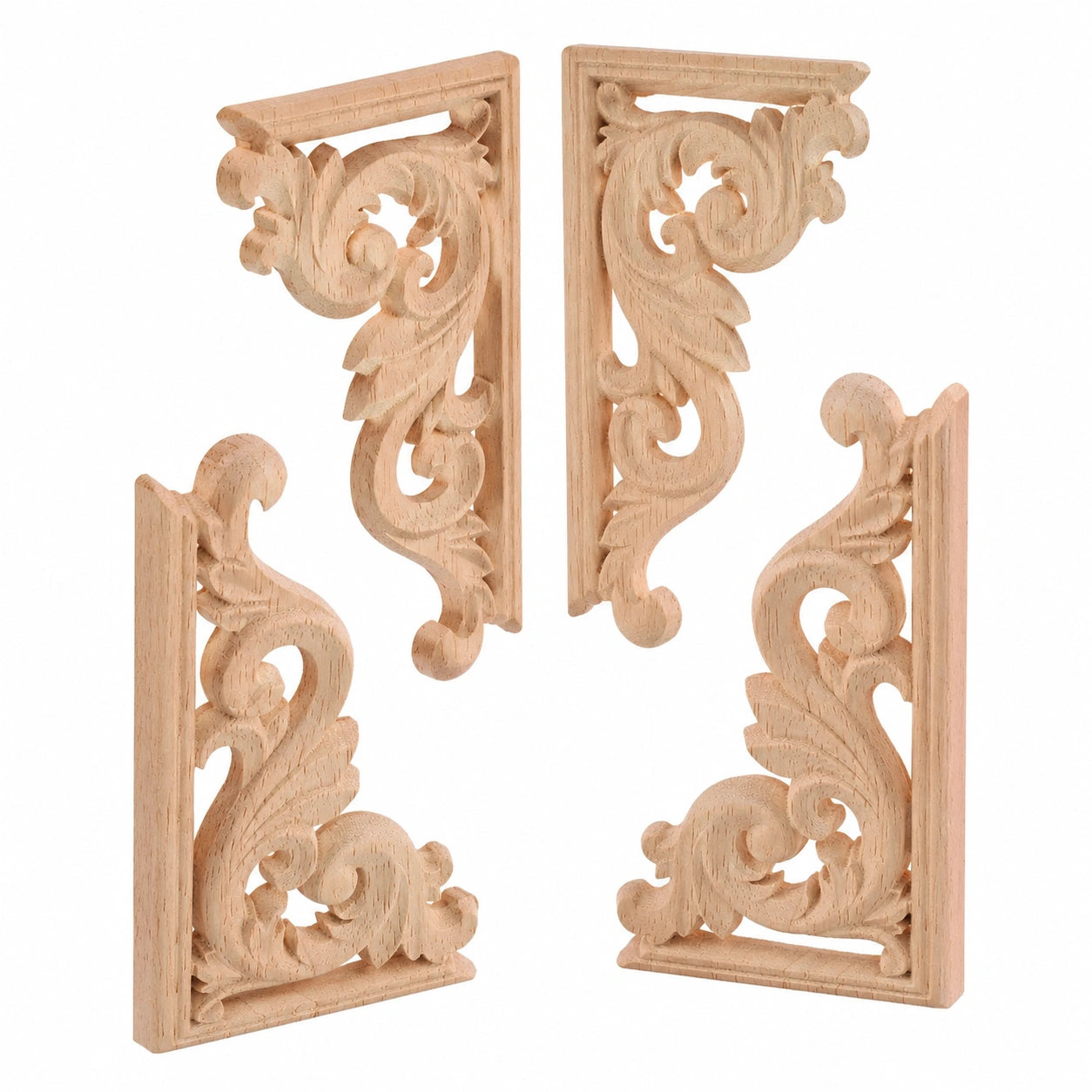 4er Set Holzornamente im europäischen Stil - Eckdekorationen aus geschnitztem Holz für Möbel und Wände, unlackiert, Blumenmuster für Schlafzimmer und Wohnzimmer