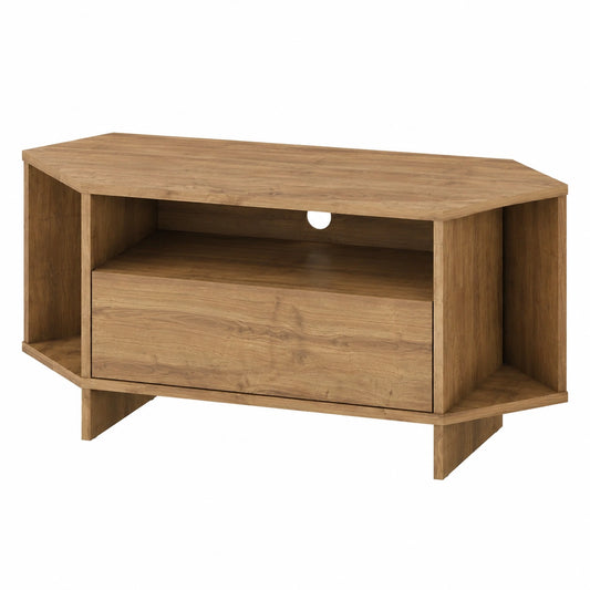 Moderne Eck-TV-Einheit für 40-Zoll-Fernseher, Dunkles Holz, Mit Push-to-Open-Türen und 3 Regalen