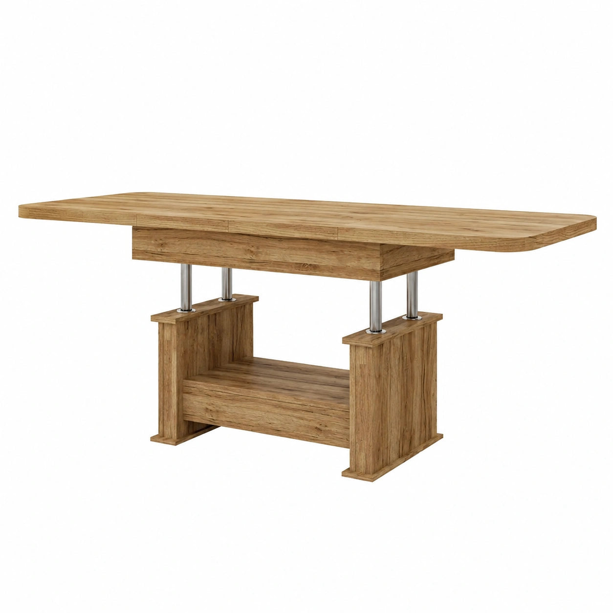 Moderner, höhenverstellbarer Couchtisch aus Eiche, ausziehbar mit Schublade und abgerundeten Ecken, 120/200 cm