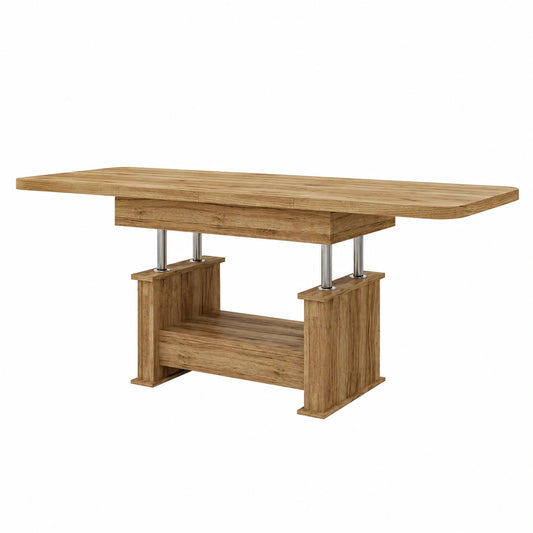Moderner, höhenverstellbarer Couchtisch aus Eiche, ausziehbar mit Schublade und abgerundeten Ecken, 120/200 cm